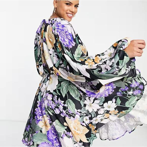 ASOS Edition Curve Floral Mini Dress Women's Size 26 Black Multi Blouson Sleeve - Picture 2 of 12